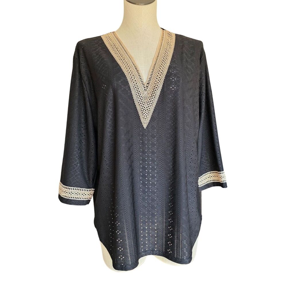 LIOFOER Women's Casual 3/4 Sleeve Lace V Neck Shirt Black Size XXL Boho Career